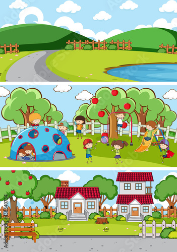Fototapeta Naklejka Na Ścianę i Meble -  Set of different horizontal scenes background with doodle kids cartoon character