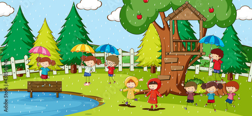 Fototapeta Naklejka Na Ścianę i Meble -  Park scene with many kids doodle cartoon character