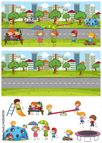 Set of different horizontal park scenes with doodle kids cartoon character