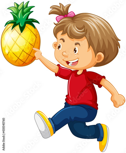 A cute girl holding pineapple cartoon character isolated on white background
