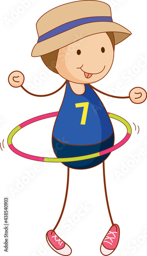 Cute boy playing hula hoop cartoon character in hand drawn doodle style isolated