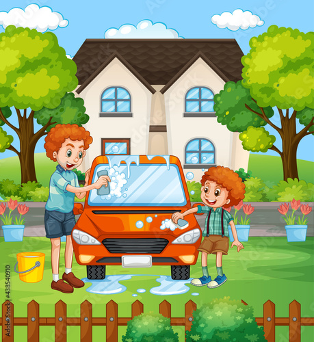 Dad and son washing car in front of the house scene