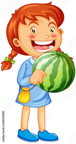 Happy girl cartoon character holding a watermelon