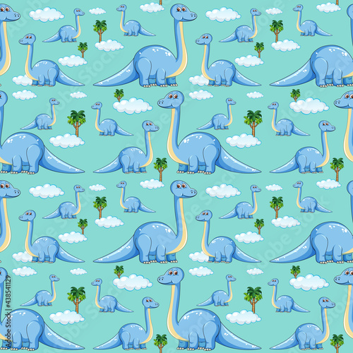 Seamless pattern with brachiosaurus dinosaurs and tree on blue background