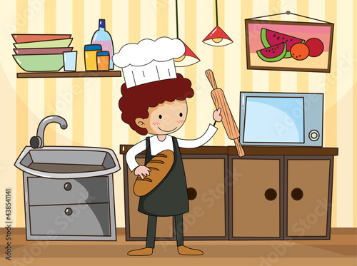 Baker man in the kitchen scene with equipments