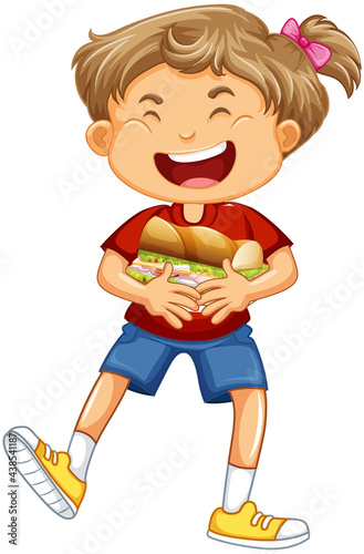 A girl holding food cartoon character isolated on white background