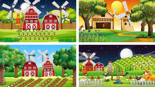 Different farm scenes with old farmer and animal cartoon character