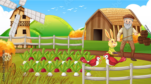 Farm scene with old farmer man and farm animals