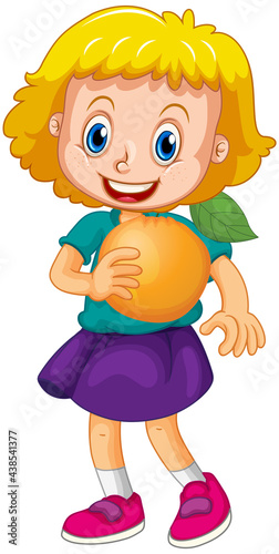A girl holding an orange fruit cartoon character isolated on white background