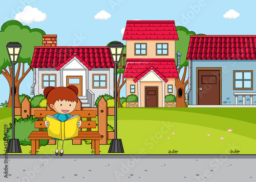Front house scene with a girl reading book sitting on bench