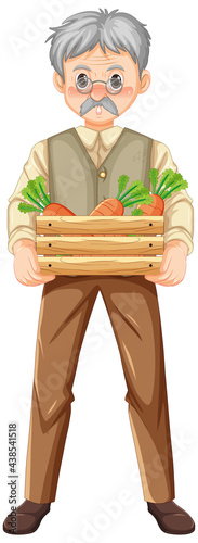 Old farmer man holding wooden crate of carrots isolated