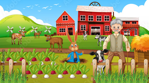 Farm at daytime scene with old farmer man and farm animals