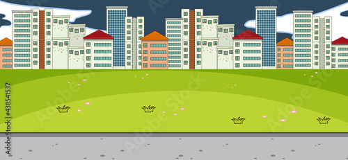 Horizontal scene with park and cityscape background