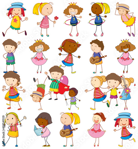 Set of different kids in doodle style
