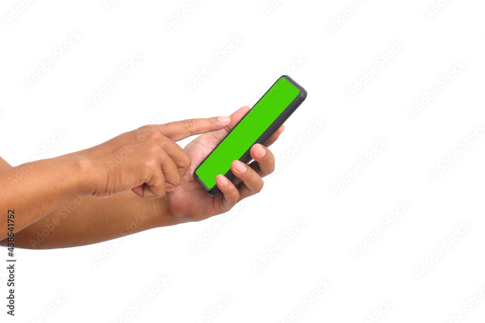 Man's hand holding the black smartphone with blank screen and modern frameless design. Isolated on white background. Man's hand holding the black smartphone with blank screen and modern frameless design. Isolated on white background.