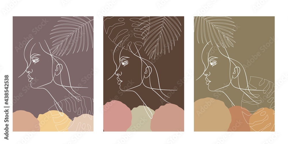 Vector set of abstract creative backgrounds in minimal trendy style with women face portrait with tropical leaves and copy space. design templates for social media stories