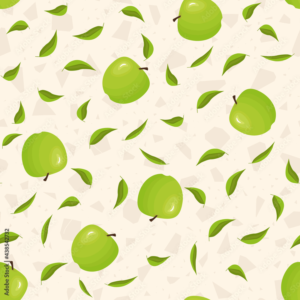 Apple pattern with abstract shapes. Green, ripe fruits on light seamless background for textile print, fabric. Endless apple pattern with shapeless geometric shapes . Vector illustration. Apple pattern with abstract shapes. Green, ripe fruits on light seamless background for textile print, fabric. Endless apple pattern with shapeless geometric shapes . Vector illustration.