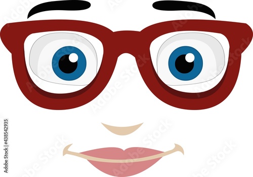Vector illustration of a blue-eyed woman's face with red glasses and her mouth
