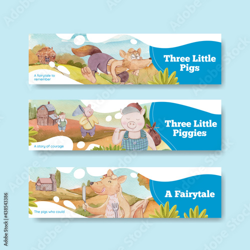 Banner template with cute three little pigs concept ,watercolor style