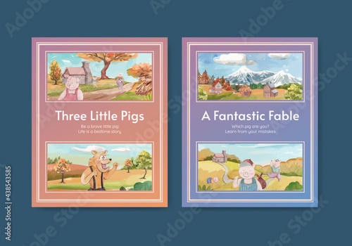 Cover book template with cute three little pigs concept ,watercolor style