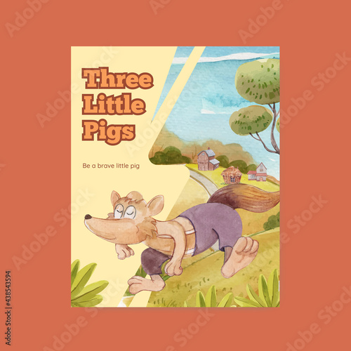 Cover book template with cute three little pigs concept  watercolor style