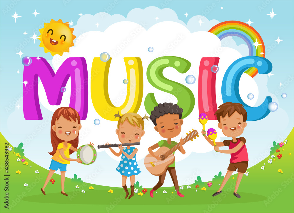 Kids with friends and music letters. Design of figures and children's cartoon characters.Vector Illustration Isolated on the background of the sky, the sun and the rainbow across the clouds.	
