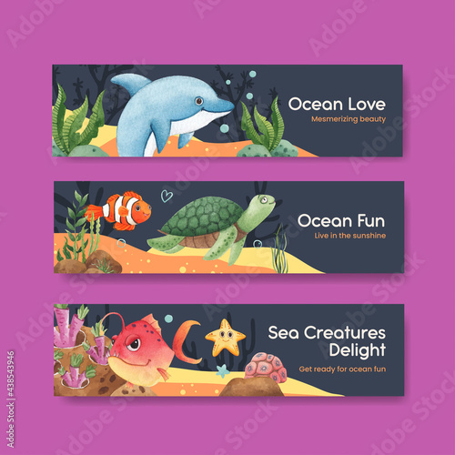 Banner template with ocean delighted concept,watercolor style