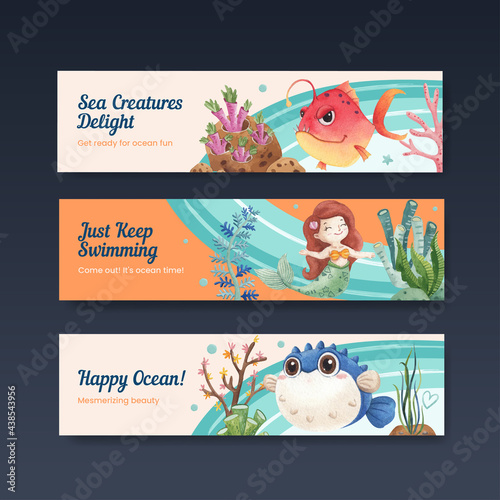 Banner template with ocean delighted concept,watercolor style