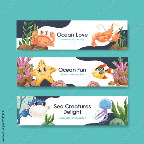 Banner template with ocean delighted concept,watercolor style