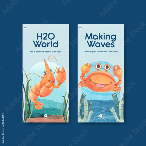 Instagram template with ocean delighted concept,watercolor style