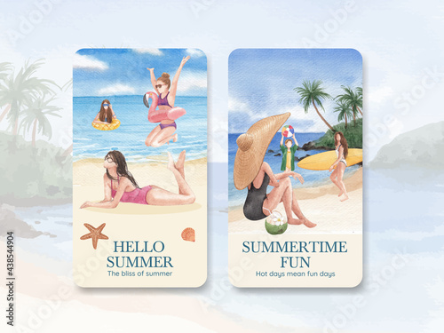 Instagram template with summer vibes concept,watercolor style