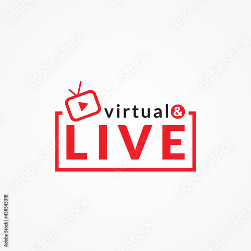 Virtual and Live logo concept with square shape and tv icon with play button. Broadcasting Company Logo Design Template isolated on white background. Red as Color identity