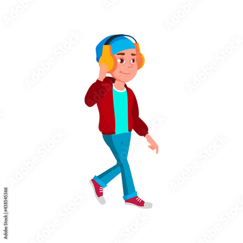 positive emotion boy teen walk outdoor and listen music in headphones cartoon vector. positive emotion boy teen walk outdoor and listen music in headphones character. isolated flat cartoon