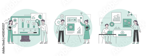 Business marketing illustration. Professionals looking at multiple infographic charts and analyzing data. flat design style minimal vector illustration.