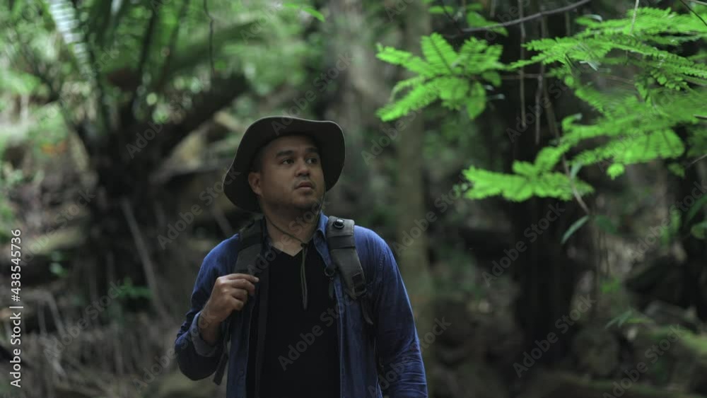 The hikers are traveling in the rain forest with beautiful nature.He look around. Young Asians go on a journey through the forest.