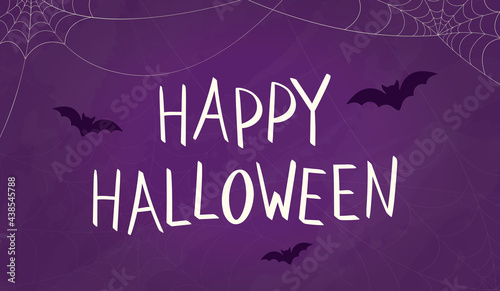 Happy halloween lettering on a purple won. Vector illustration of a halloween banner in cartoon style. Cobwebs and bats 
