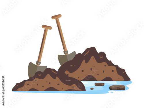 Two shovels, soil, puddle and sand. The process of digging a hole in the ground. Working environment after the rain. Gardening tools for earth. The concept of construction work.Pile, heap, dirt.Vector