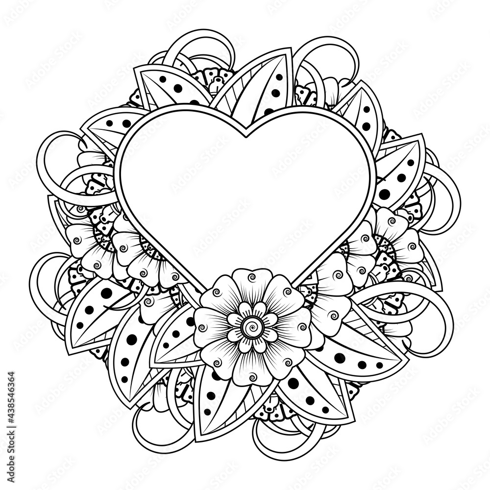 Mehndi flower with frame in shape of heart for henna, mehndi, tattoo, decoration. decorative ornament in ethnic oriental style. doodle ornament. coloring book page. Mehndi flower with frame in shape of heart for henna, mehndi, tattoo, decoration. decorative ornament in ethnic oriental style. doodle ornament. coloring book page.