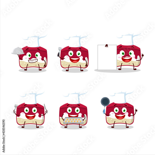 Cartoon character of cherry cake with various chef emoticons