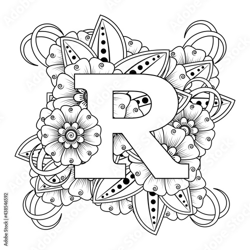 Letter R with Mehndi flower. decorative ornament in ethnic oriental style. coloring book page. 