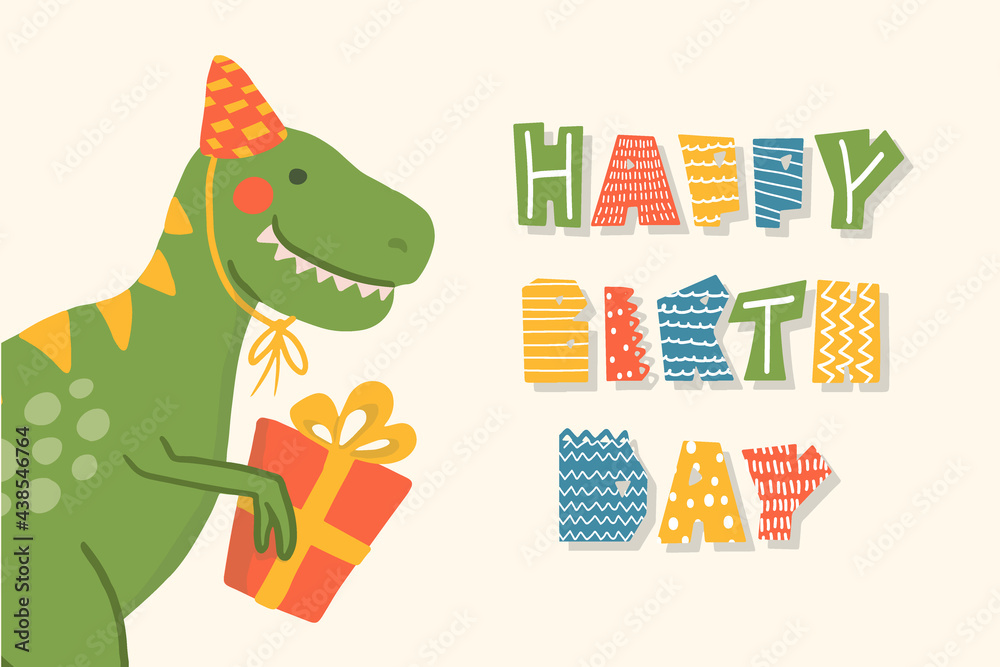 Naklejka premium Cute cartoon dinosaur with quote Happy Birthday. Flat childish dino with lettering for birthday party. Perfect for birthday greeting card, sublimation printing on t shirt, mug, poster
