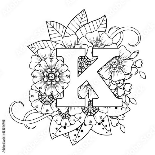 Letter K with Mehndi flower. decorative ornament in ethnic oriental style. coloring book page. 