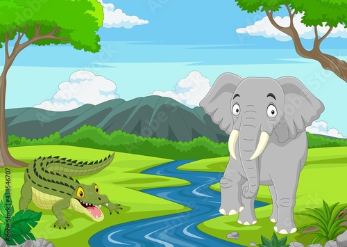 Cartoon alligator with elephant in the jungle