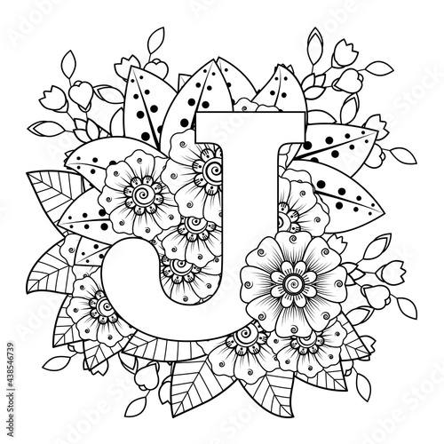 Letter J with Mehndi flower. decorative ornament in ethnic oriental style. coloring book page. 