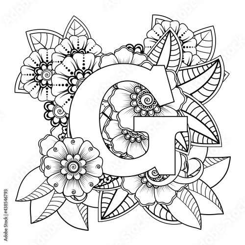 Letter G with Mehndi flower. decorative ornament in ethnic oriental style. coloring book page. 