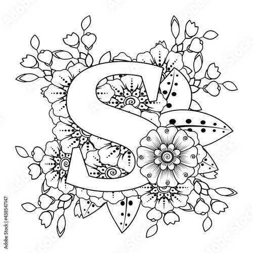 Letter S with Mehndi flower. decorative ornament in ethnic oriental style. coloring book page. 