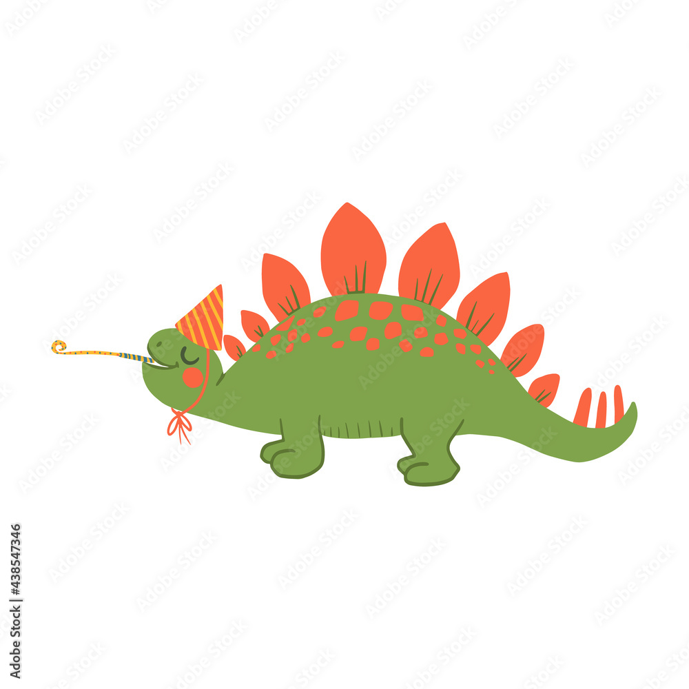 Obraz premium Cute cartoon dinosaur with birthdays hat. childish festive dinos flat illustration. Happy Birthday concept. Vector animal character. Perfect for greeting card, sublimation printing on t shirt, mug