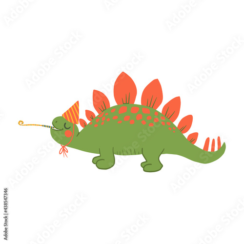 Cute cartoon dinosaur with birthdays hat. childish festive dinos flat illustration. Happy Birthday concept. Vector animal character. Perfect for greeting card  sublimation printing on t shirt  mug