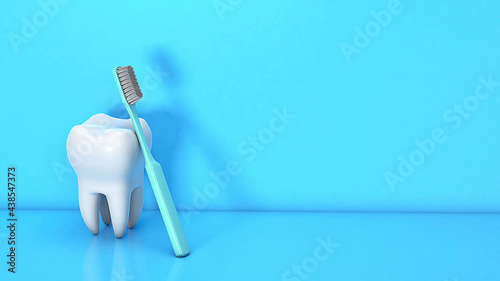 Tooth and dental instrument. Toothbrush with teeth on a blue background. Copy space for text. 3d render.