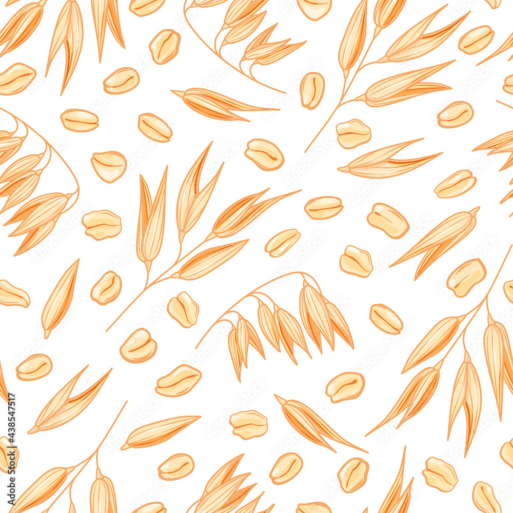 Fototapeta premium Oat flakes and grains seamless pattern on white background. Healthy eating. Cartoon style. Vector illustration